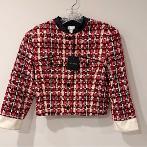 St John Collection NWT  Eyelash Boucle Tweed Crop Jacket Red Black Size 4 $1695